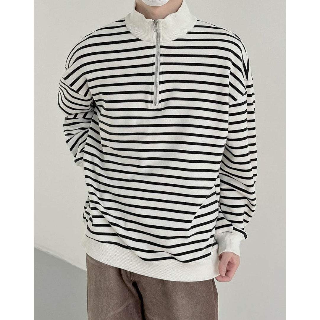 Zhou Horizontal Stripes Half-Zip-korean-fashion-Half-Zip-Zhou's Closet-OH Garments