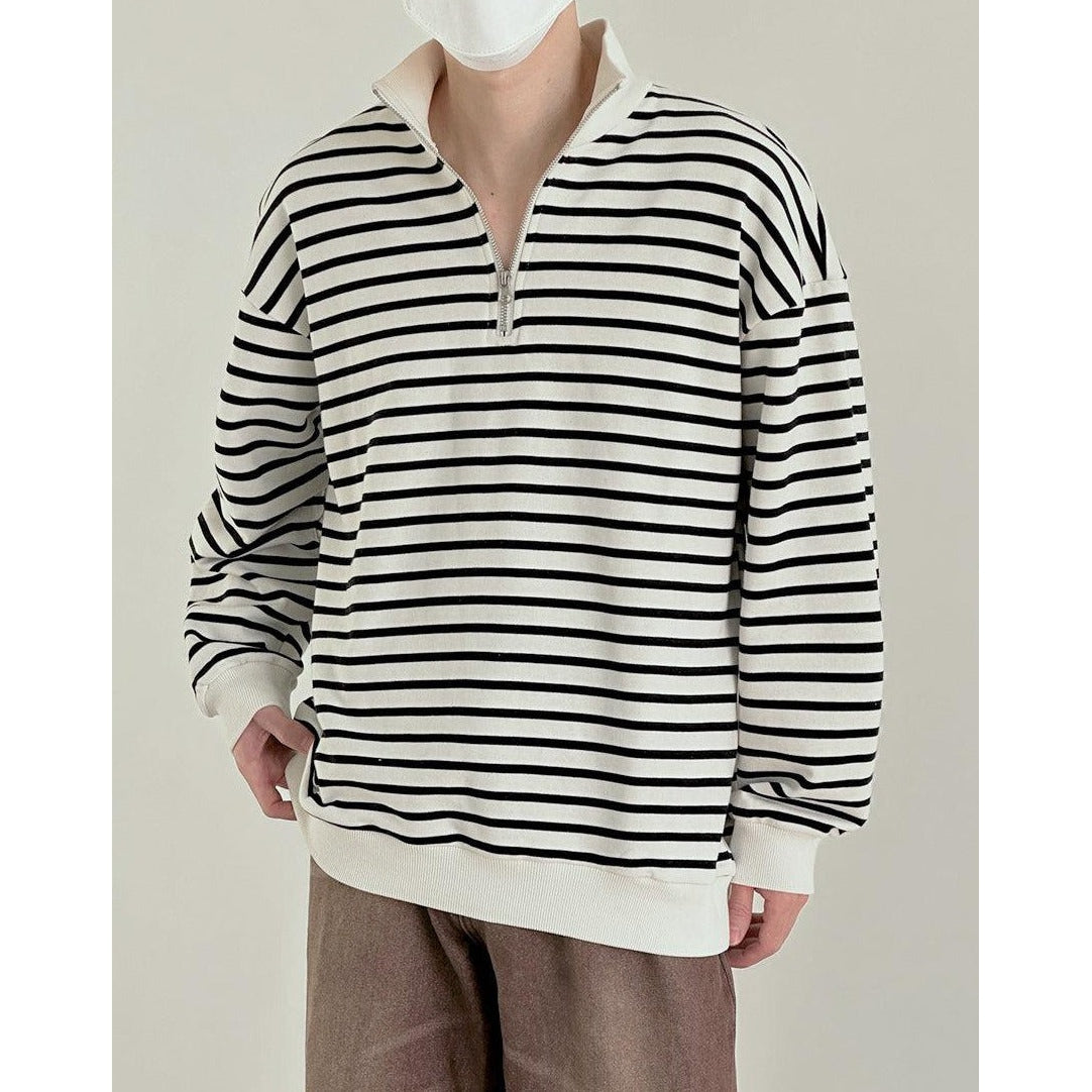 Zhou Horizontal Stripes Half-Zip-korean-fashion-Half-Zip-Zhou's Closet-OH Garments