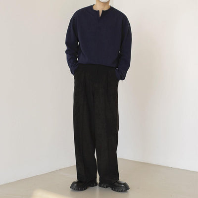 Zhou Solid Notch Neck Long Sleeve T-Shirt-korean-fashion-T-Shirt-Zhou's Closet-OH Garments