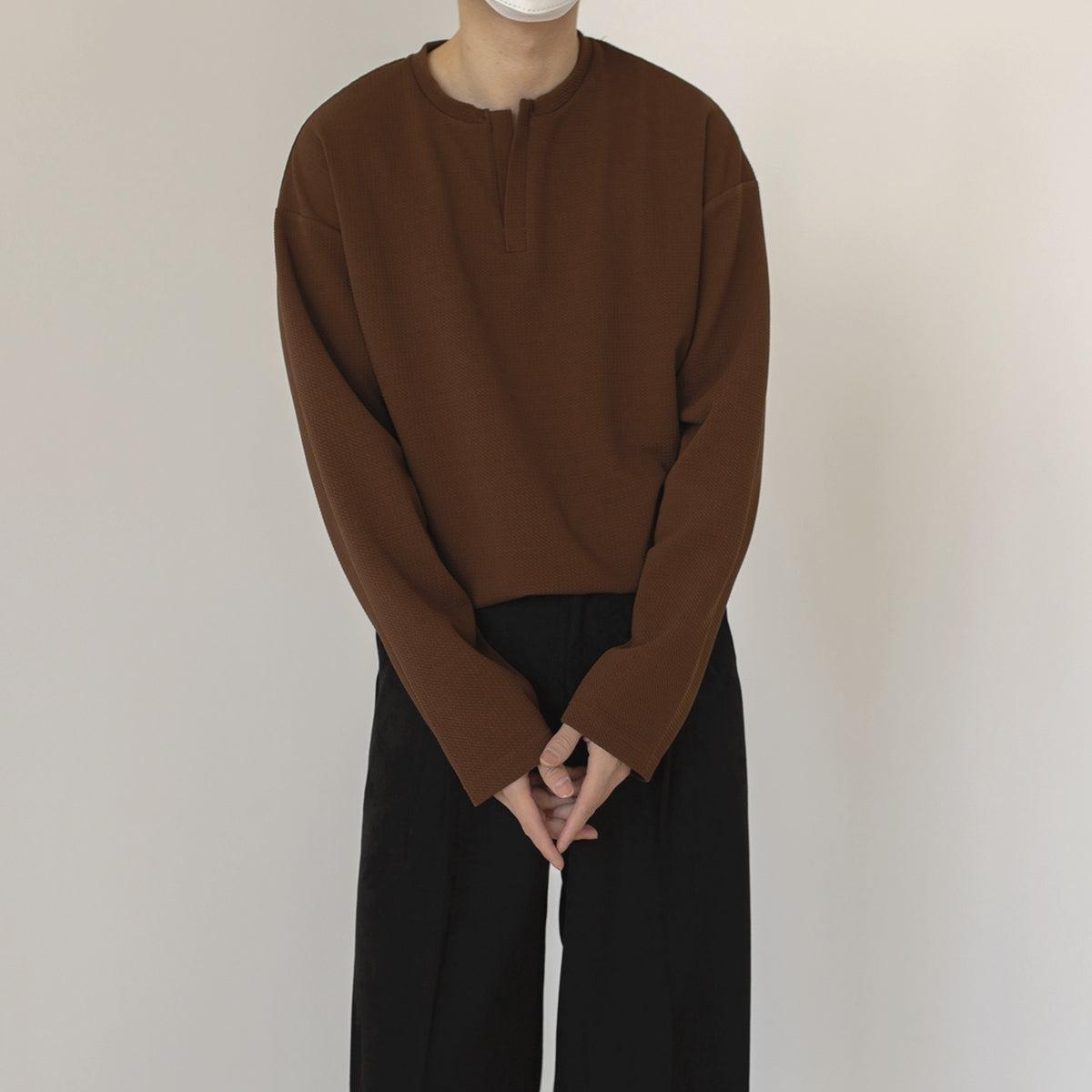 Zhou Solid Notch Neck Long Sleeve T-Shirt-korean-fashion-T-Shirt-Zhou's Closet-OH Garments