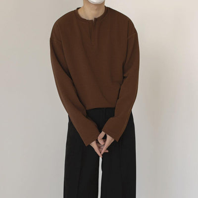 Zhou Solid Notch Neck Long Sleeve T-Shirt-korean-fashion-T-Shirt-Zhou's Closet-OH Garments