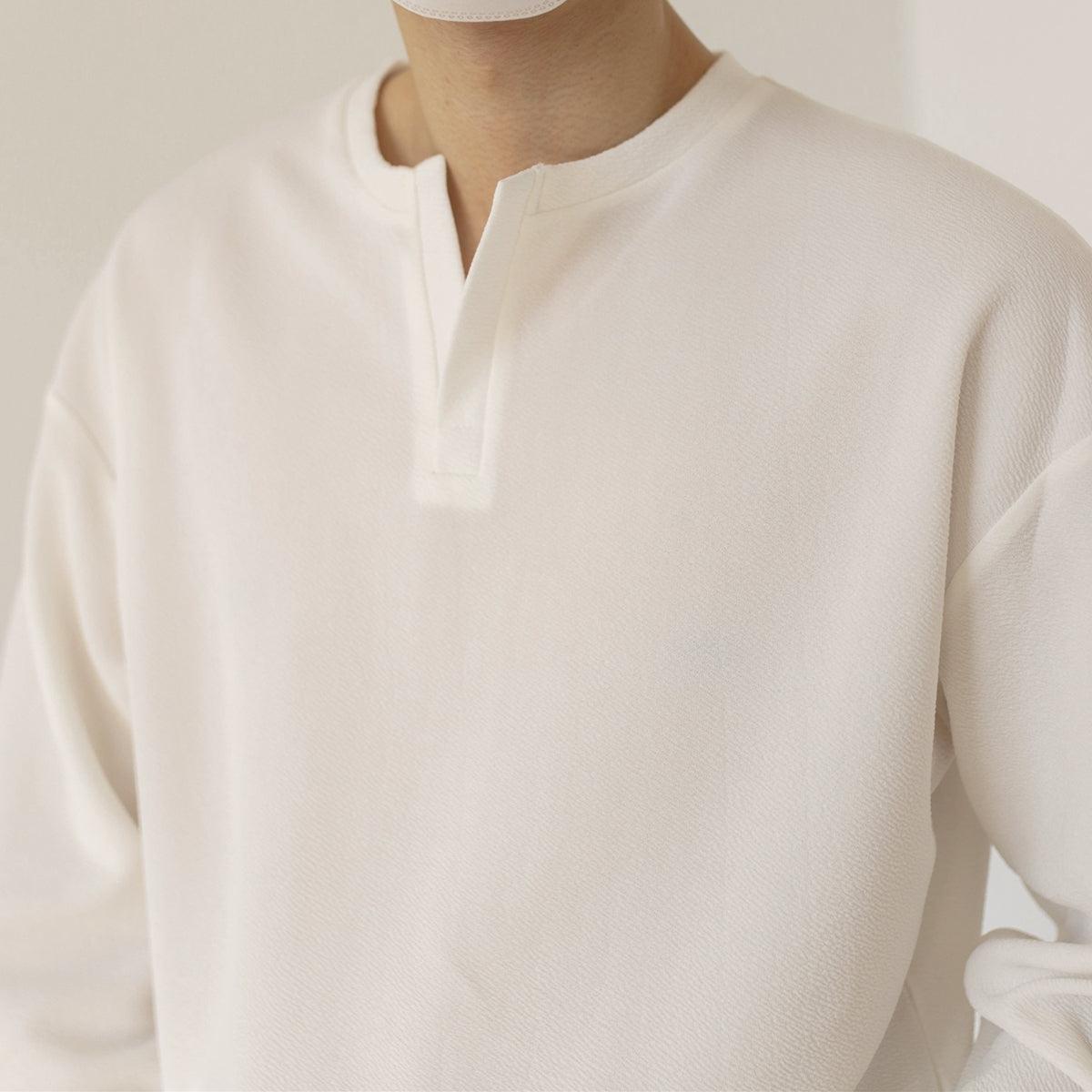 Zhou Solid Notch Neck Long Sleeve T-Shirt-korean-fashion-T-Shirt-Zhou's Closet-OH Garments