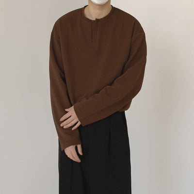 Zhou Solid Notch Neck Long Sleeve T-Shirt-korean-fashion-T-Shirt-Zhou's Closet-OH Garments