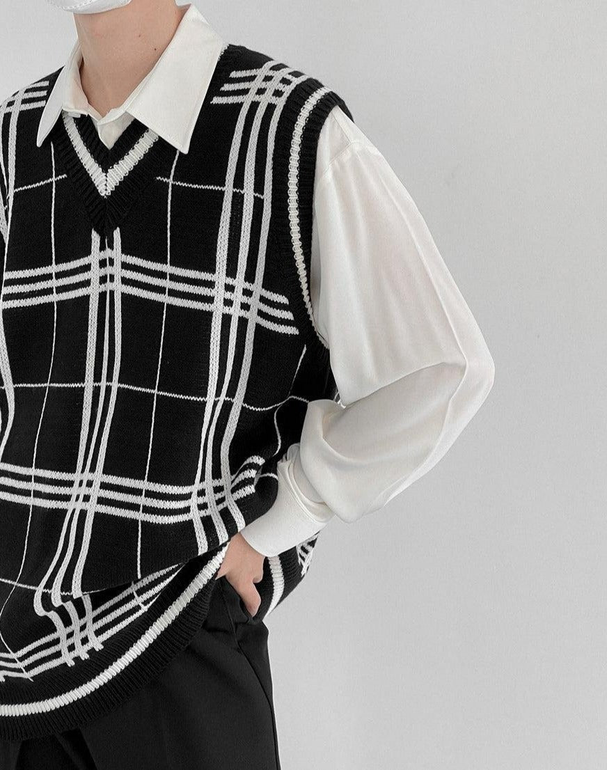 Zhou Wide Plaid Print Knit Vest-korean-fashion-Vest-Zhou's Closet-OH Garments